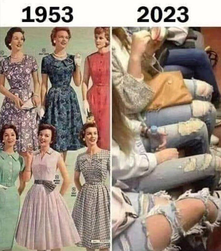 1953 vs. 2023 women's attire